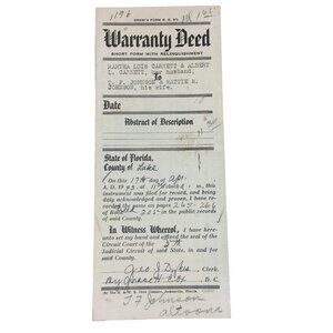 Vintage Property Deed Duval Lake County Florida 1943 WWII Era Real Estate u